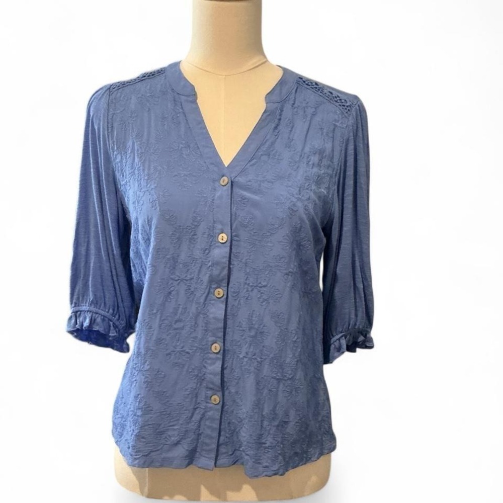 Democracy Embroidered Button Front Top Womens S Blue Excellent Boho 3/4 Sleeve